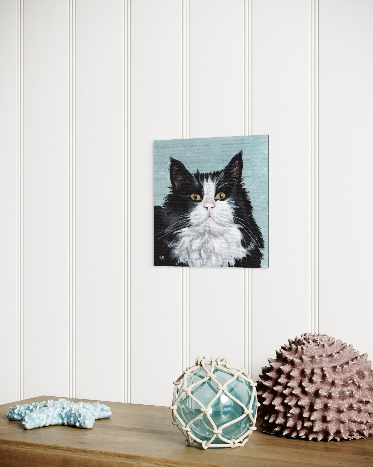 6 x 6 Black and White Longhaired Cat Original Acrylic Painting