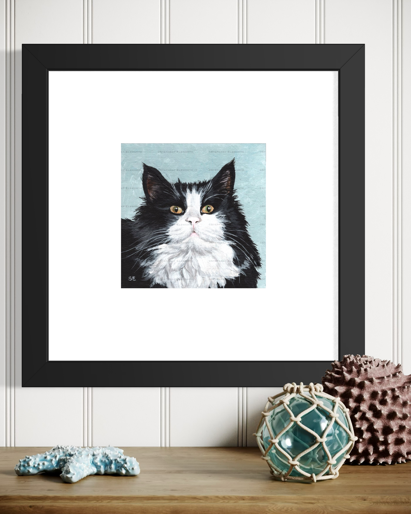 6 x 6 Black and White Longhaired Cat Original Acrylic Painting