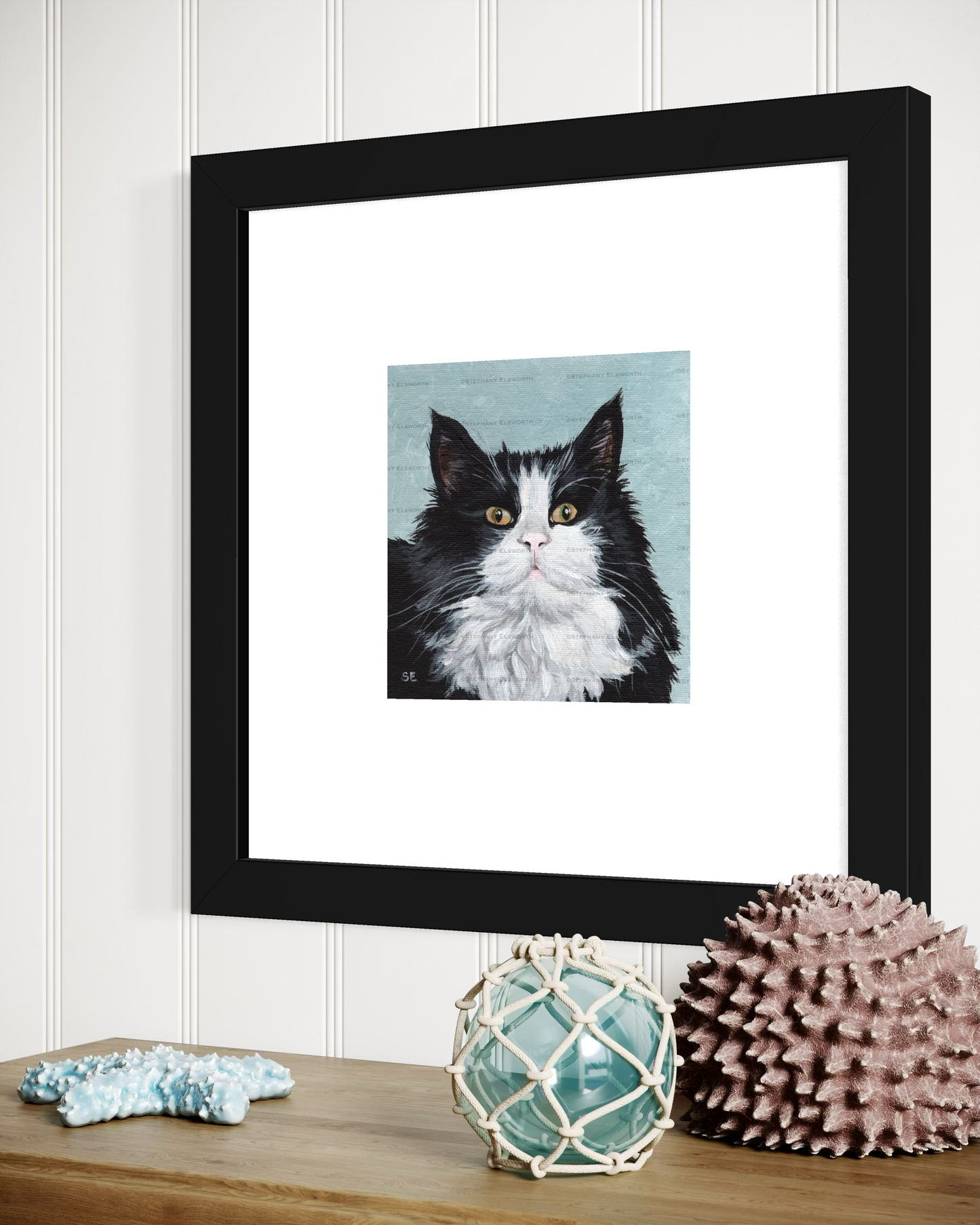 6 x 6 Black and White Longhaired Cat Original Acrylic Painting