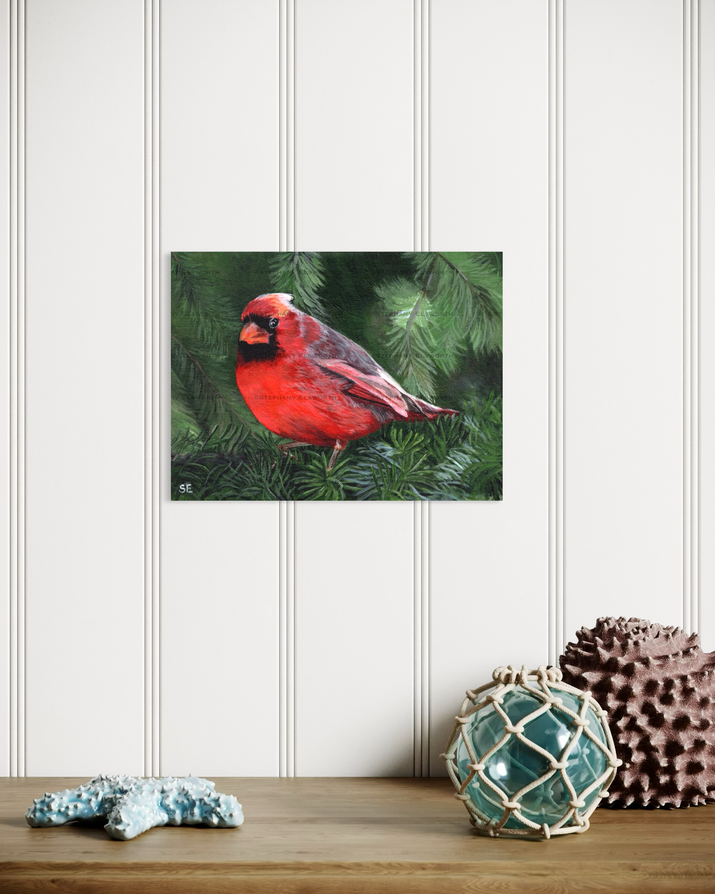 8 x 6 Cardinal on Pine Branch Original Acrylic Painting