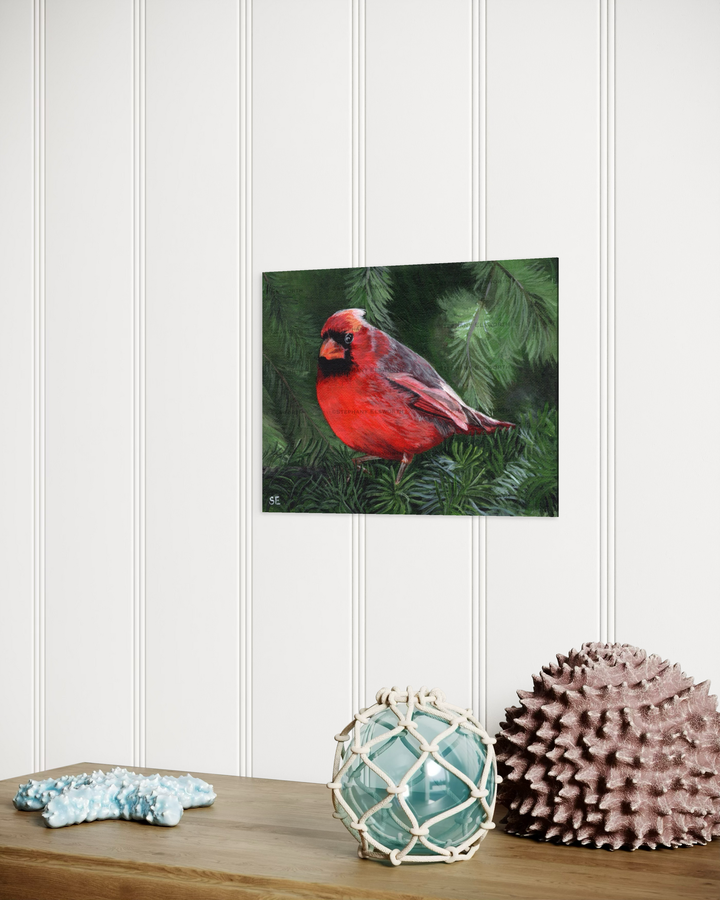 8 x 6 Cardinal on Pine Branch Original Acrylic Painting