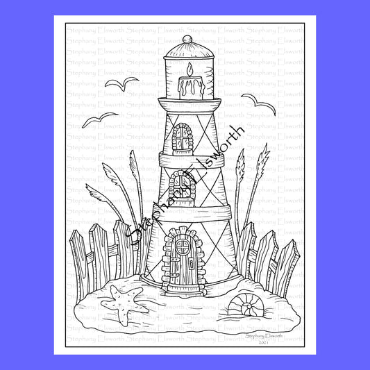 Lighthouse Fairy House Printable Instant Download Coloring Page (Faerie Houses IV)