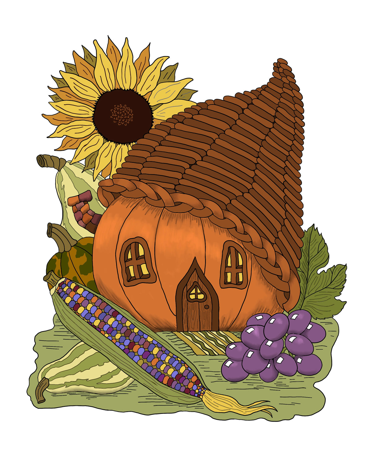 Cornucopia and Pumpkin Fairy House Letter/A4 Printable Instant Download Coloring Page