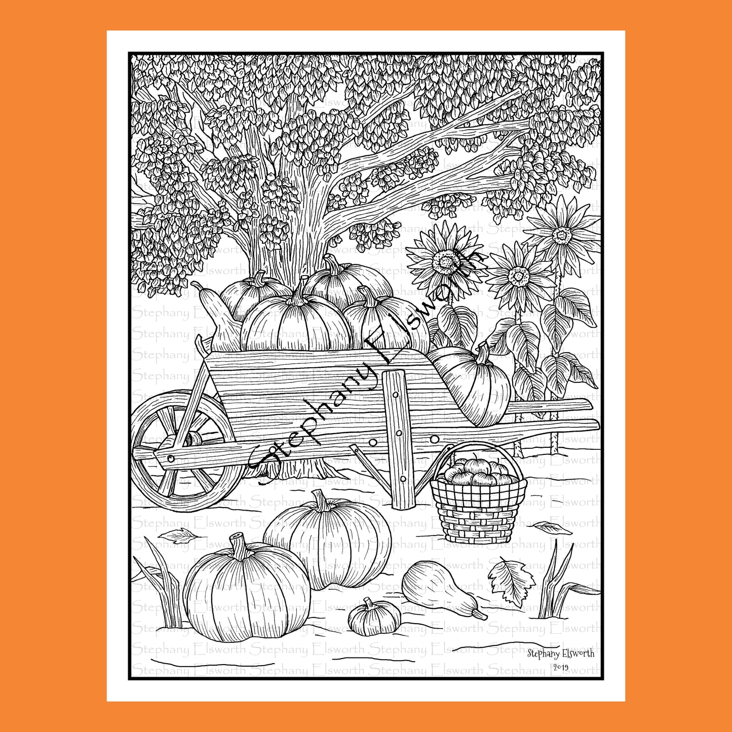 Pumpkins and Wheelbarrow 8 1/2 x 11 Printable Instant Download Coloring Page