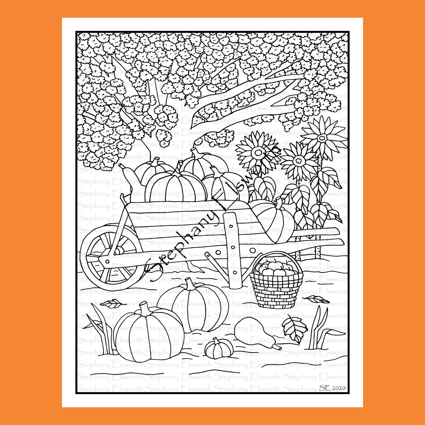 Pumpkins and Wheelbarrow 8 1/2 x 11 Printable Instant Download Coloring Page