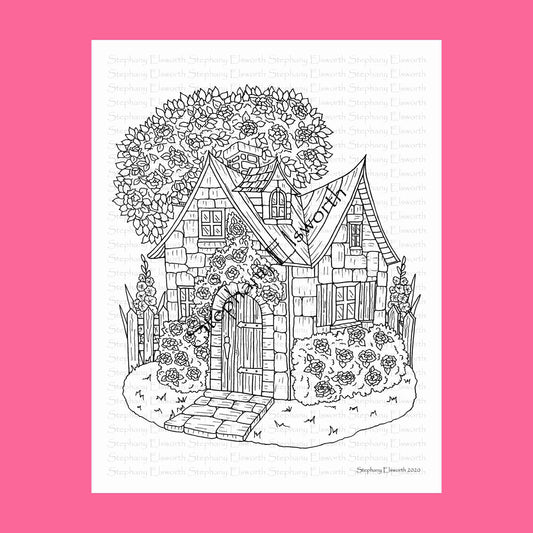 Rose Cottage Fairy House Printable Instant Download Coloring Page (Faerie Houses III)