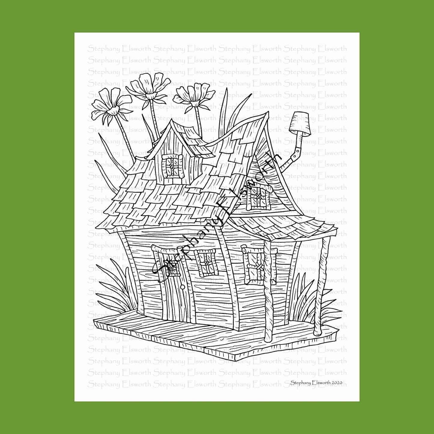 Country Shack Fairy House 8 1/2 x 11 Printable Instant Download Coloring Page (Faerie Houses III)