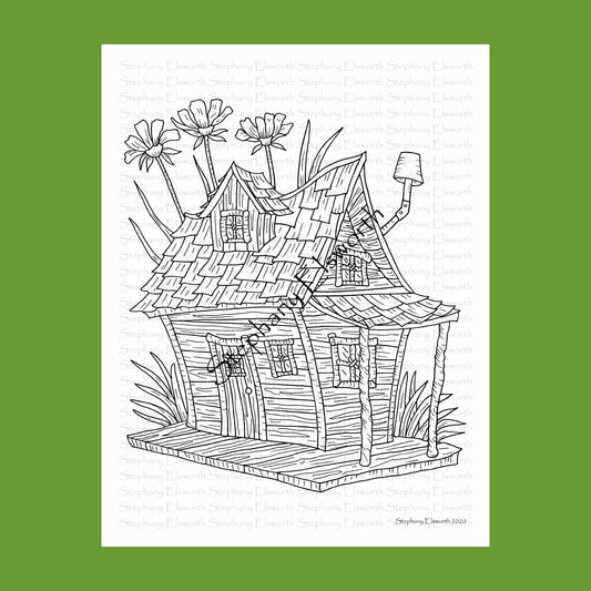 Country Shack Fairy House 8 1/2 x 11 Printable Instant Download Coloring Page (Faerie Houses III)