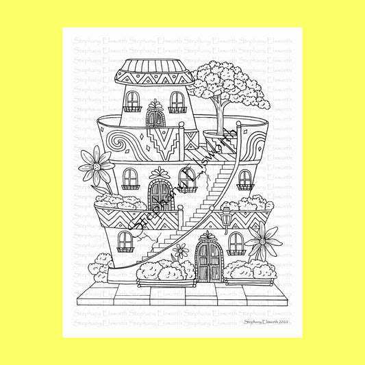 Southwestern Flower Pot Fairy House 8 1/2 x 11 Printable Instant Download Coloring Page (Faerie Houses III)