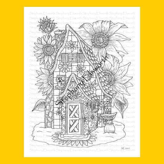 Sunflower Fairy House 8 1/2 x 11 Printable Instant Download Coloring Page (Faerie Houses II)