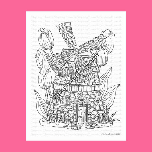 Windmill Fairy House 8 1/2 x 11 Printable Instant Download Coloring Page (Faerie Houses III)