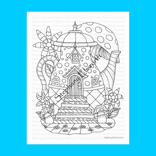 Wonderland Teapot Fairy House Printable Instant Download Coloring Page (Faerie Houses III)