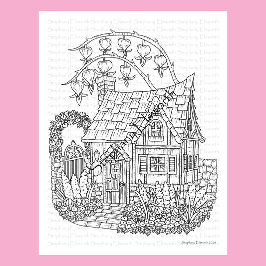 Cozy Cottage with Bleeding Heart Flower Fairy House Printable Instant Download Coloring Page (Faerie Houses III)