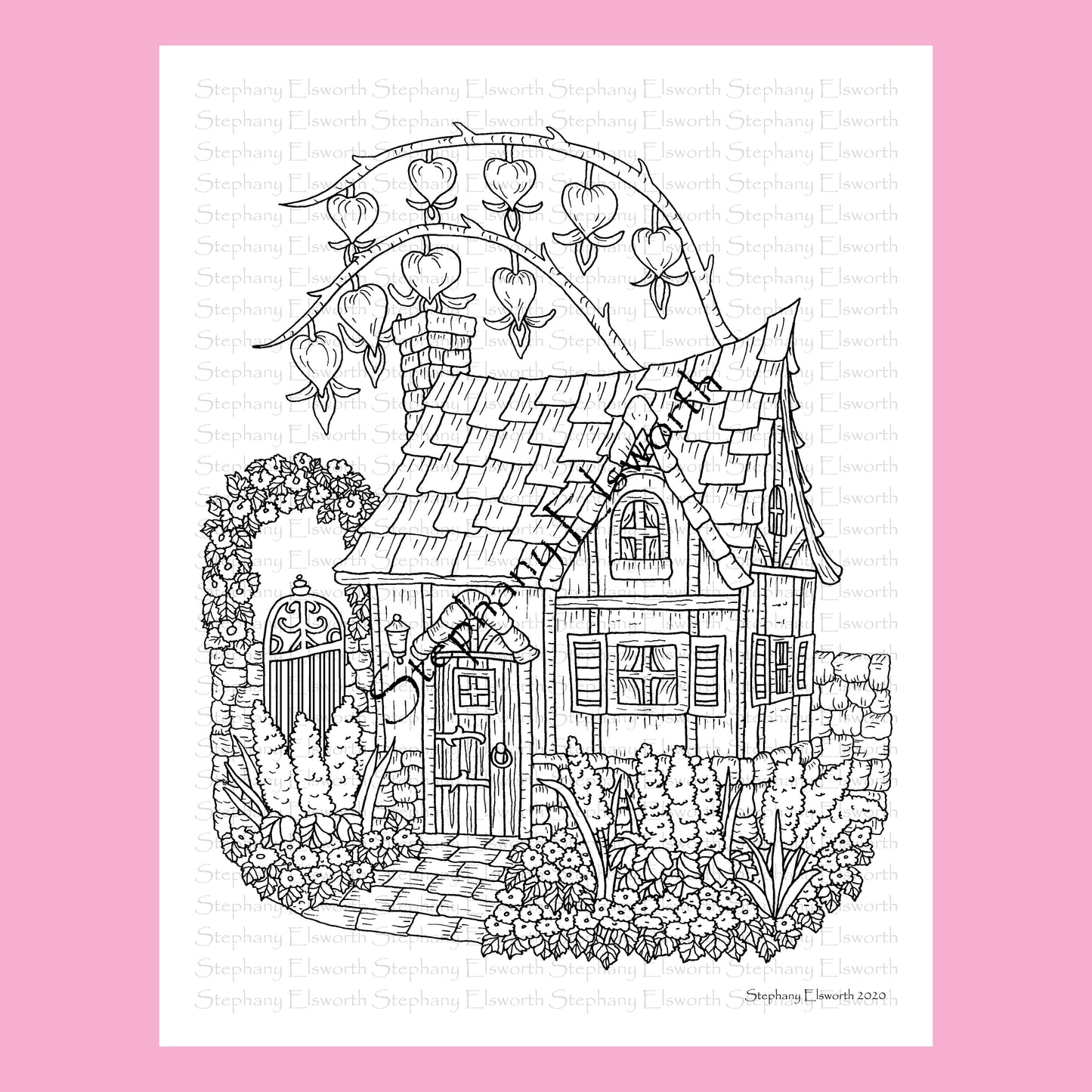 Bleeding Heart Flower Fairy House 8 1/2 x 11 Printable Instant Download Coloring Page (Faerie Houses III)