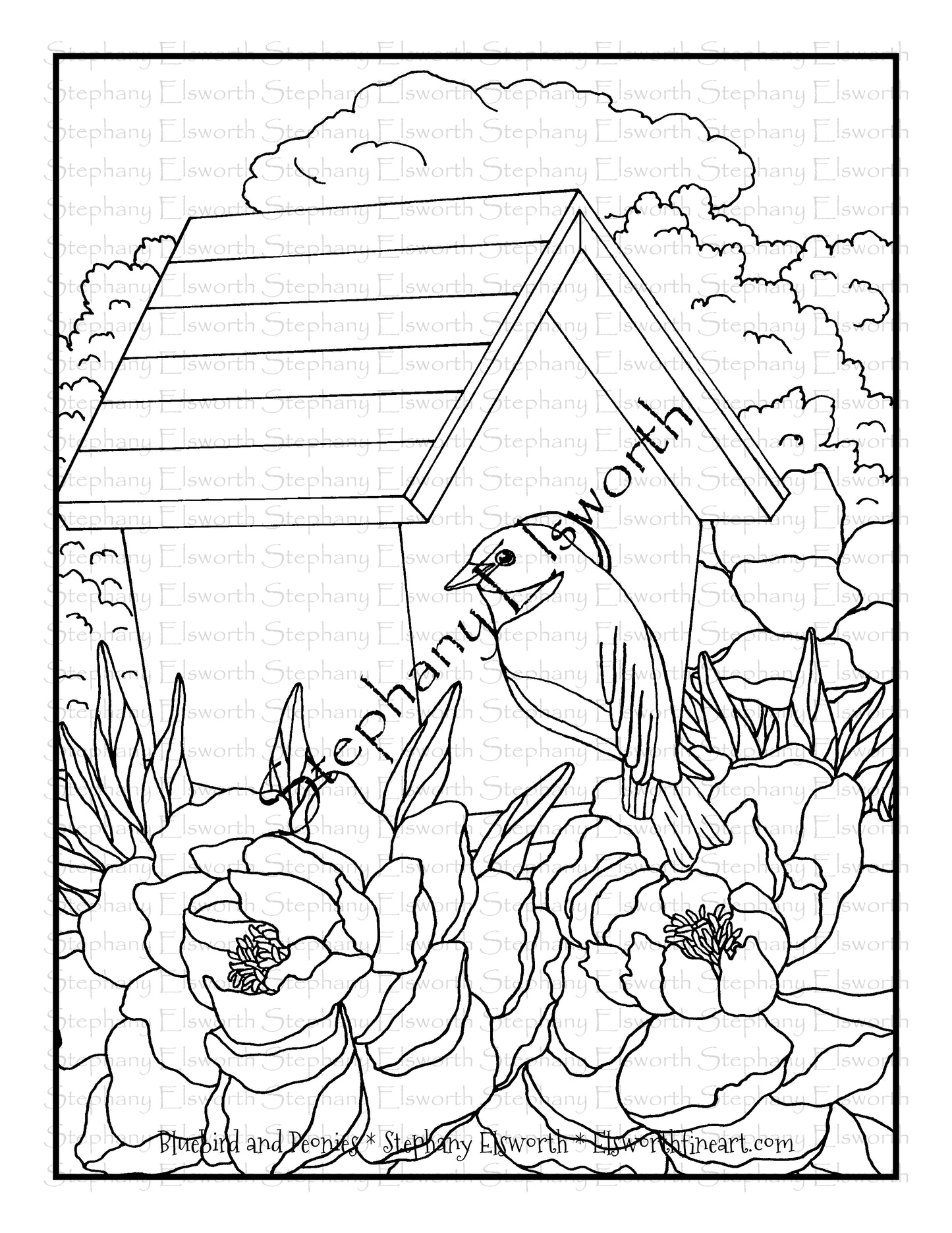 Bluebird and Peonies Free PDF Digital Download Coloring Page