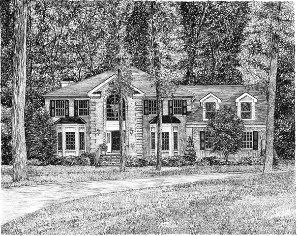 Miniature Custom House Portrait in Pen and Ink