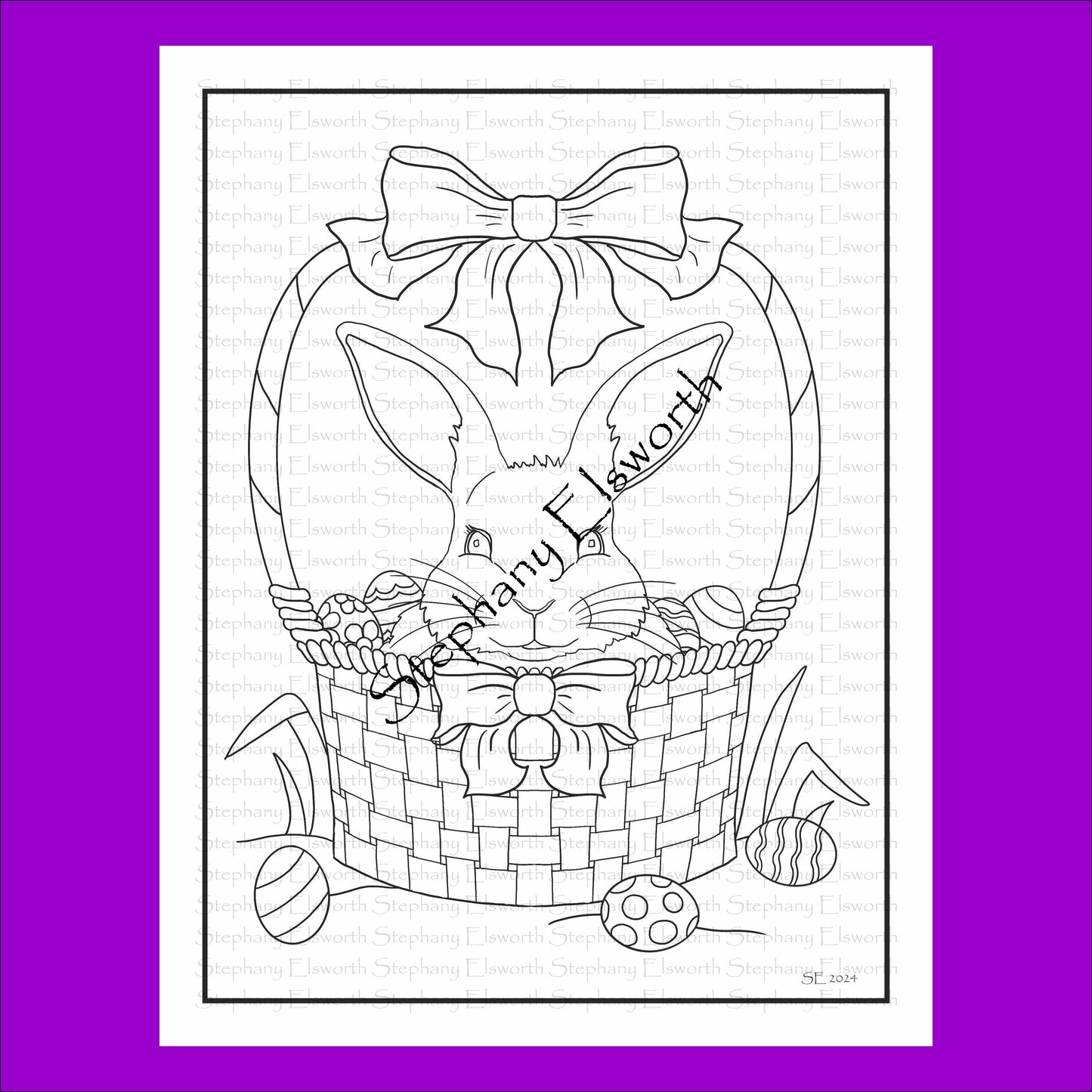 Easter Bunny in Basket 8 1/2 x 11 Printable Instant Download Coloring Page