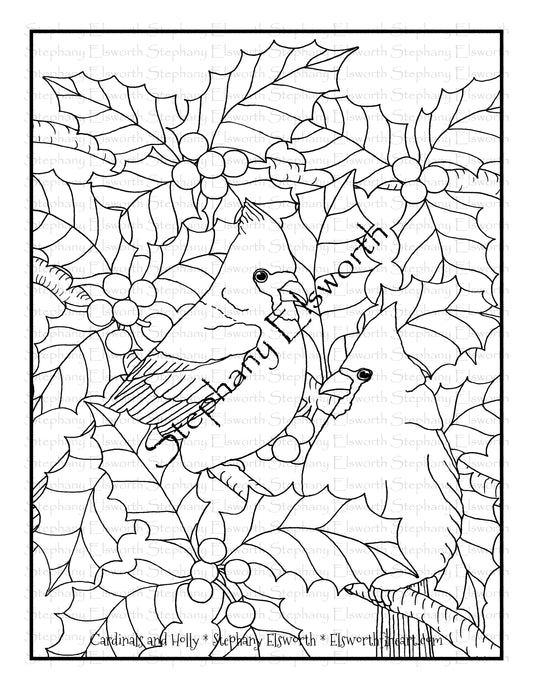 Cardinals and Holly Free PDF Digital Download Coloring Page