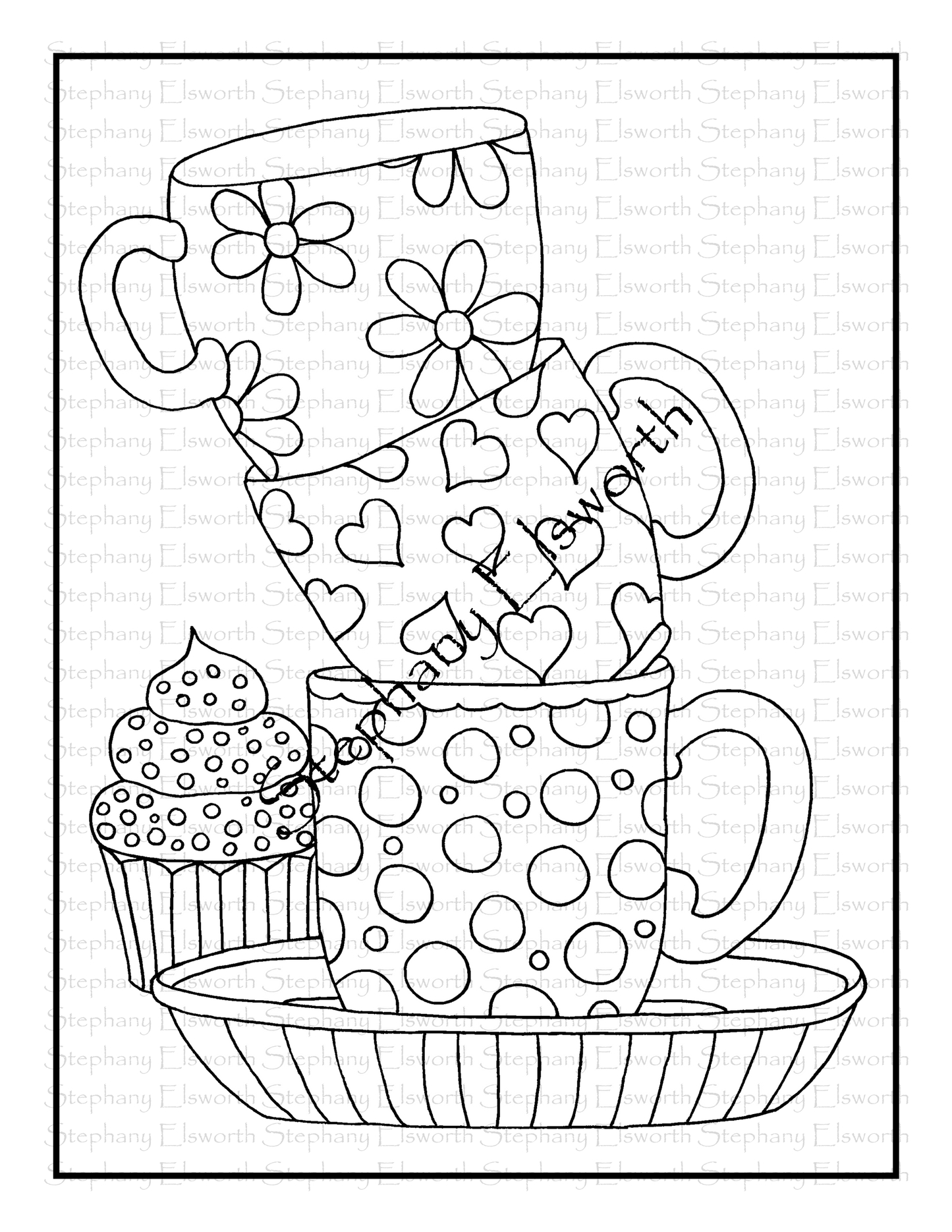 Coffee Cups and Cupcake Coloring Page