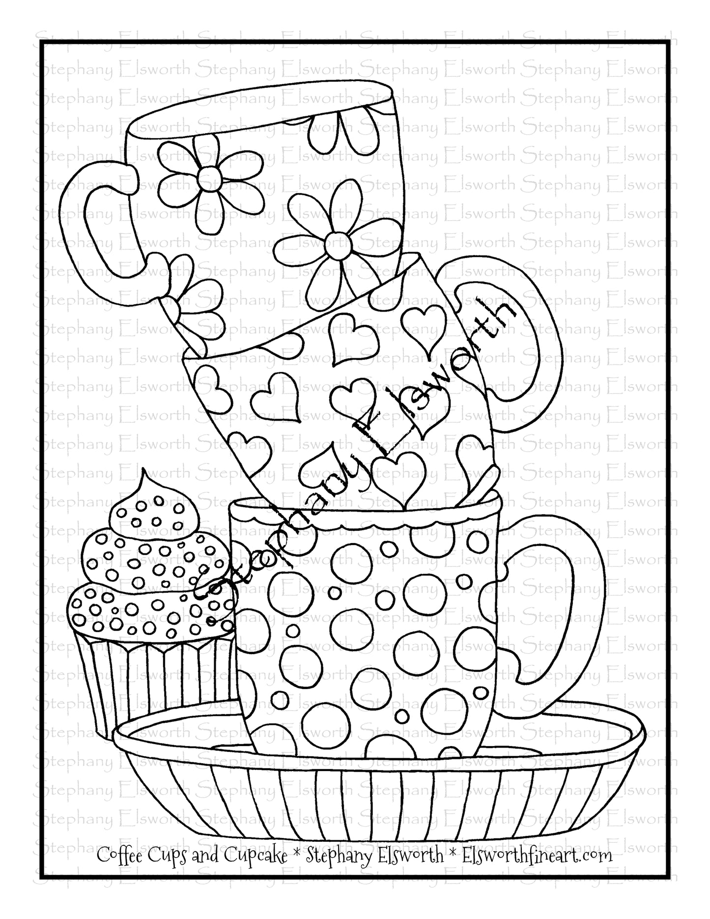 Coffee Cups and Cupcake Free PDF Digital Download Coloring Page