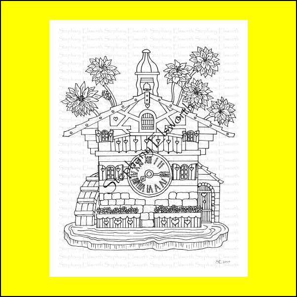 Cuckoo Clock Fairy House Printable Instant Download Coloring Page (Faerie Houses I)