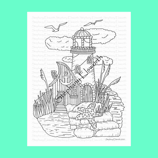 Fairy Lighthouse 8 1/2 x 11 Printable Instant Download Coloring Page (Faerie Houses III)