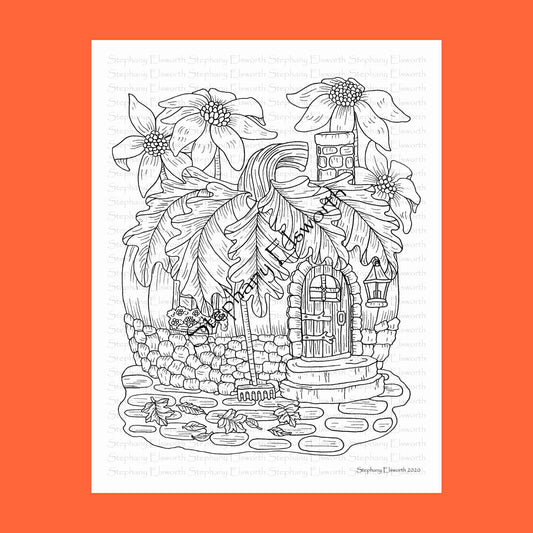 Pumpkin and Fall Leaves Fairy House 8 1/2 x 11 Printable Instant Download Coloring Page (Faerie Houses III)