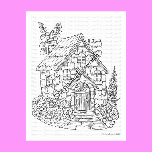 Foxglove Cottage Fairy House 8 1/2 x 11 Printable Instant Download Coloring Page (Faerie Houses III)