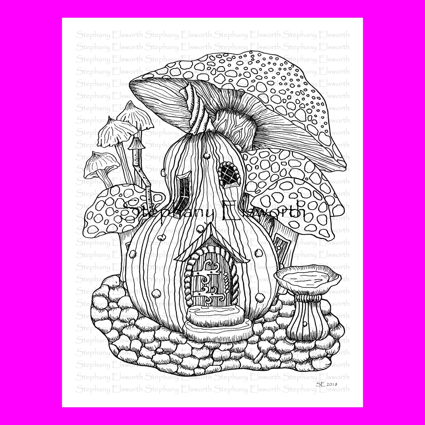 Gourd and Mushrooms 8 1/2 x 11 Printable Instant Download Coloring Page (Faerie Houses I)