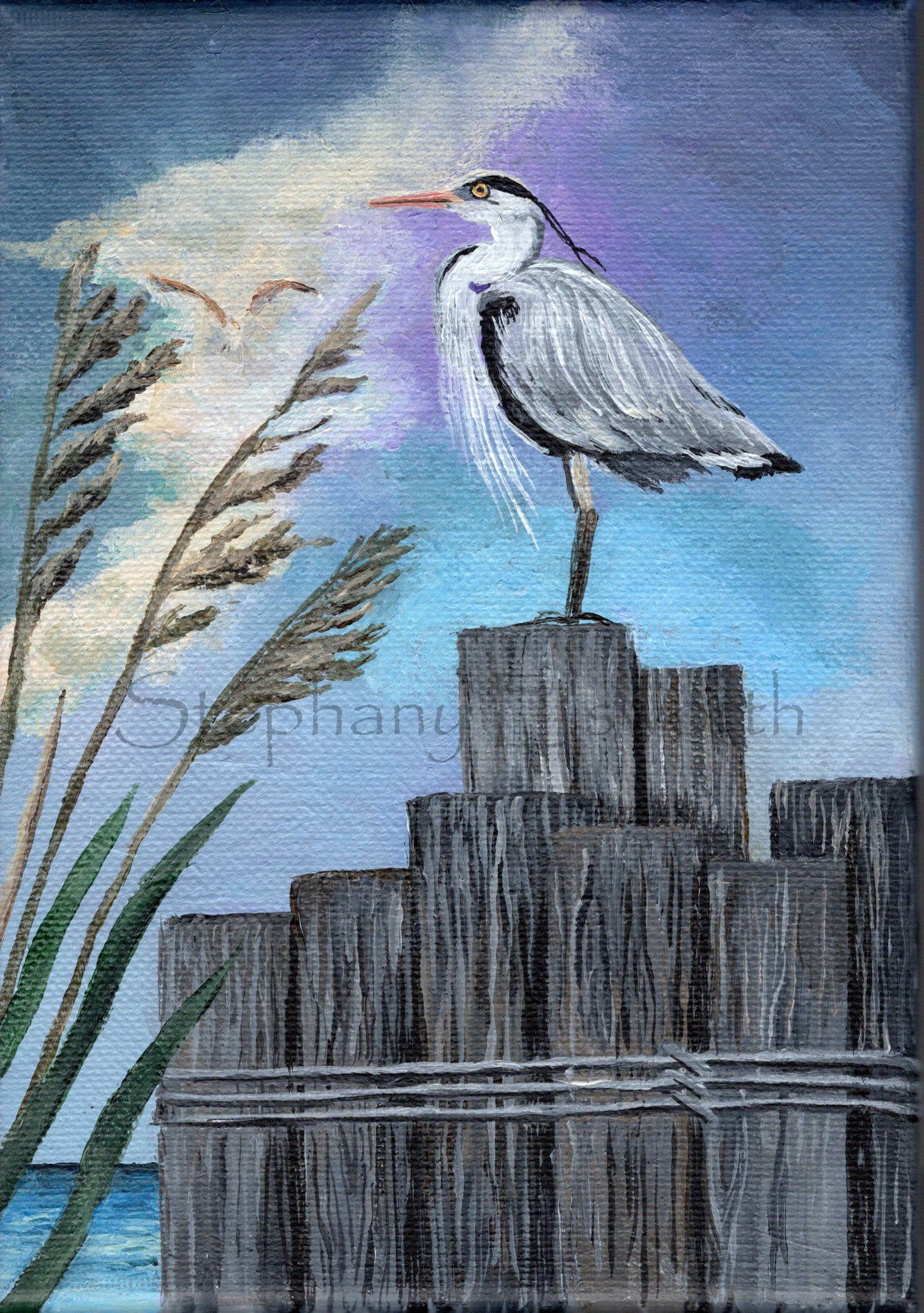 5 x 7 Inch Gray Heron on Pylons Original Acrylic Painting