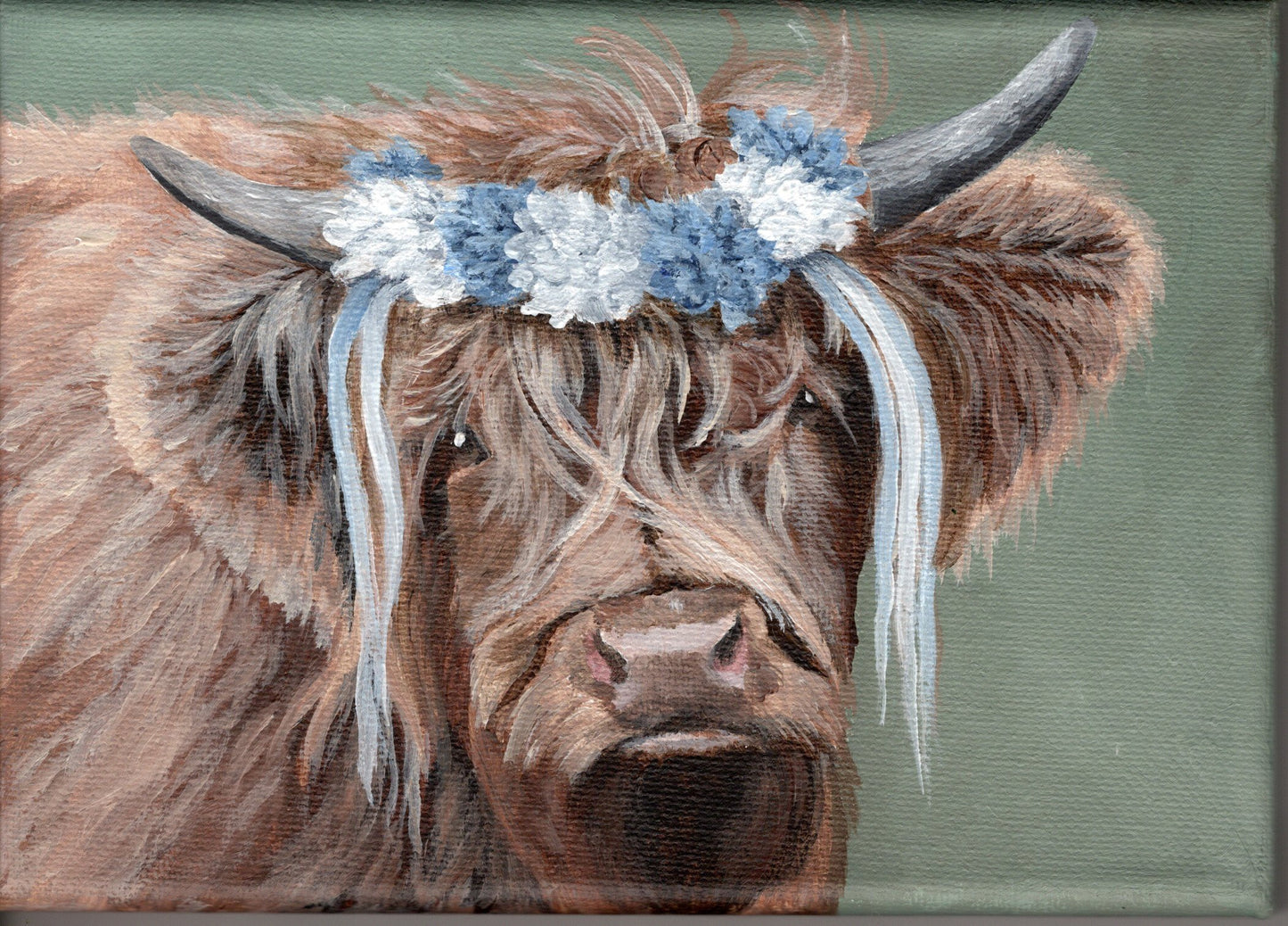 7 x 5 Inch Scottish Highland Cow with Blue and White Garland Original Painting (Copy)
