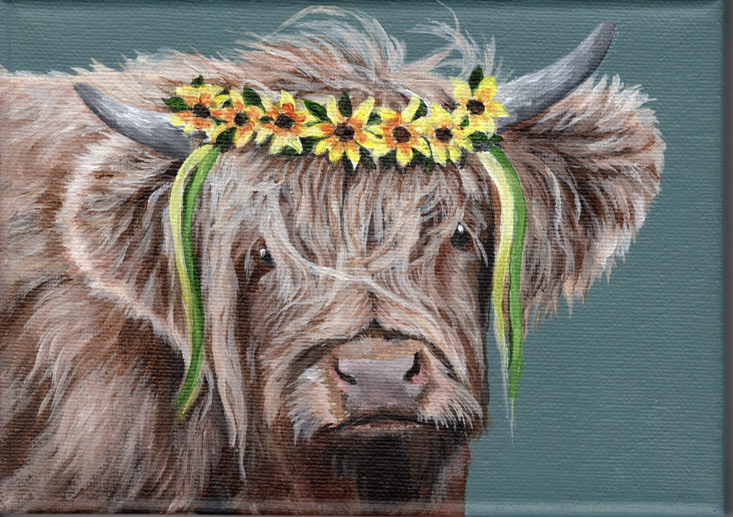7 x 5 Inch Scottish Highland Cow with Daisy Garland Original Painting