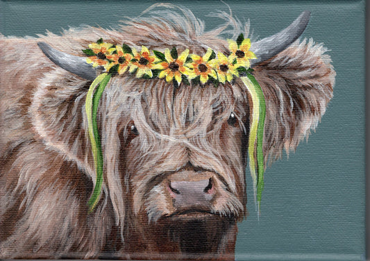 7 x 5 Inch Scottish Highland Cow with Daisy Garland
