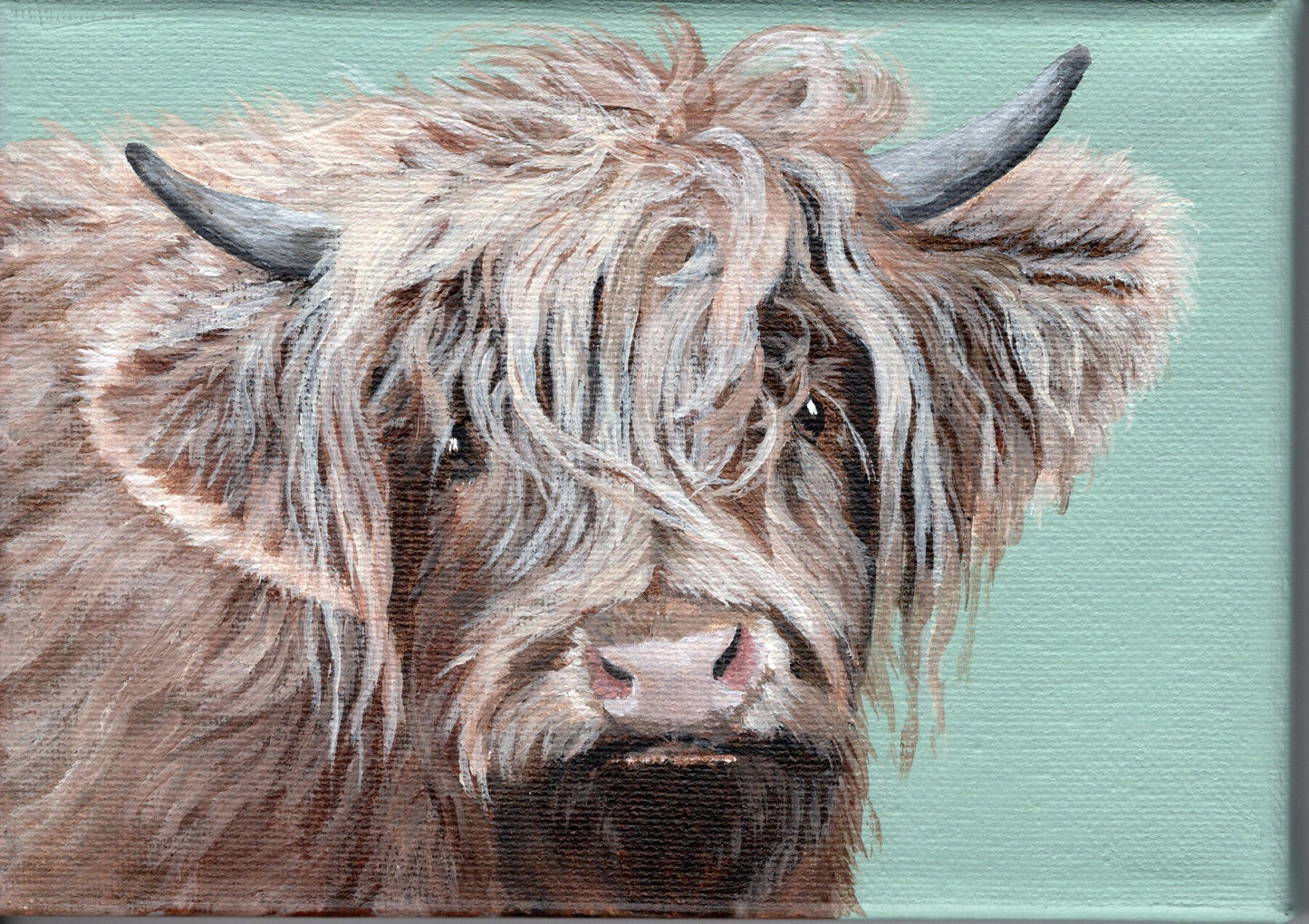 7 x 5 Inch Scottish Highland Cow on Farmhouse Green Original Painting