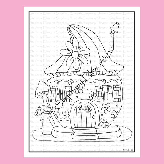 Mushroom Fairy Cottage 8 1/2 x 11 Instant Download Printable Coloring Page