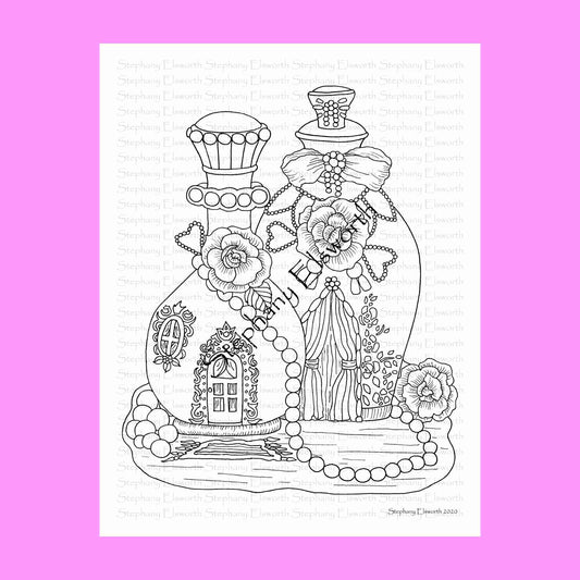 Perfume Bottle Fairy House 8 1/2 x 11 Printable Instant Download Coloring Page (Faerie Houses III)