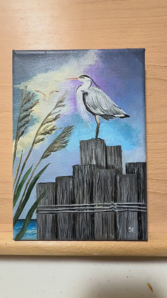 5 x 7 Inch Gray Heron on Pylons Original Acrylic Painting
