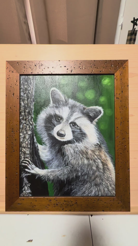 Raccoon 11 x 14 Acrylic Painting in Custom Rustic Frame