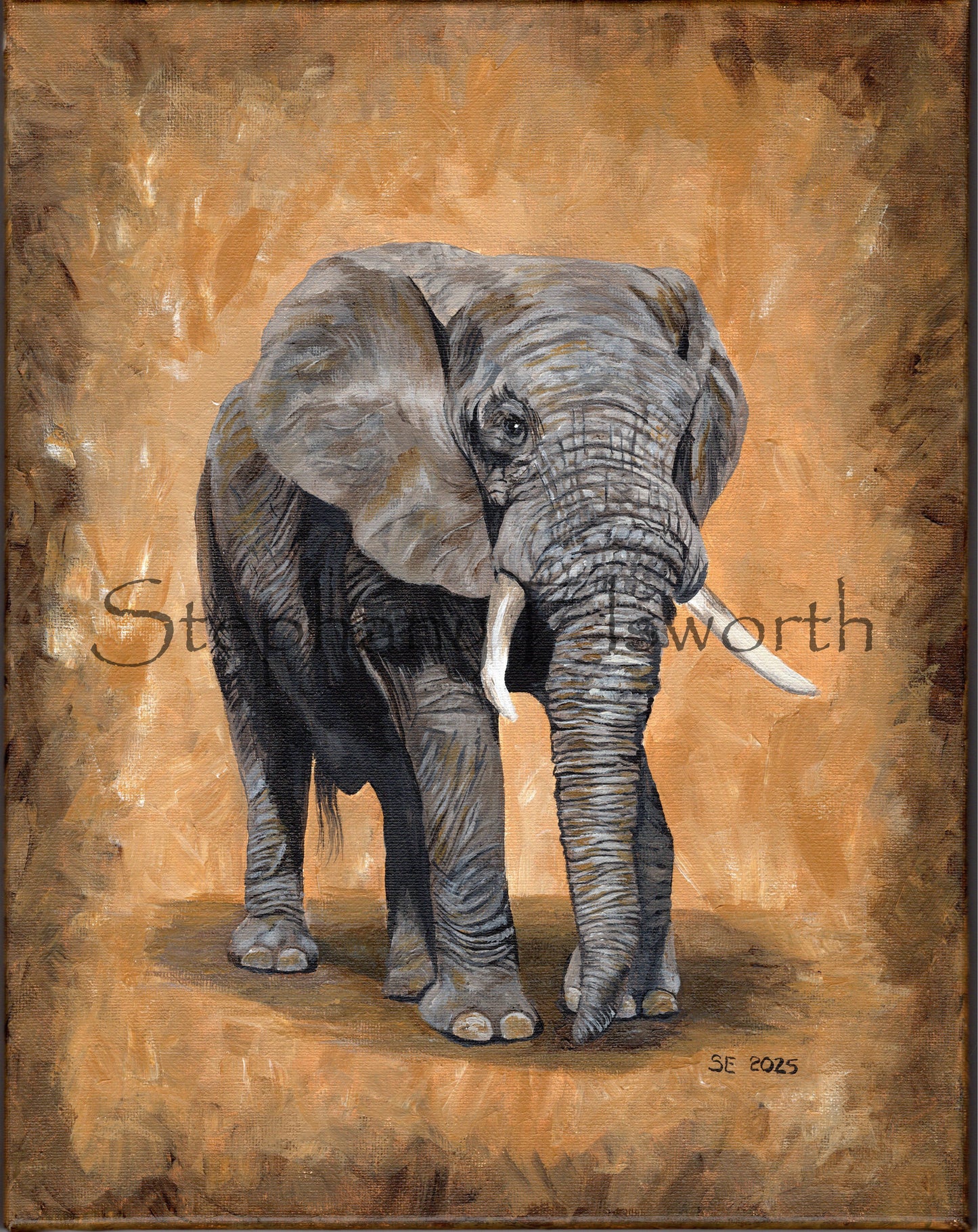 Elephant 11 x 14 inch Acrylic Painting in Custom 14 x 17 inch Rustic Frame