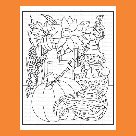 Pumpkin, Scarecrow and Candle 8 1/2 x 11 Printable Instant Download Coloring Page