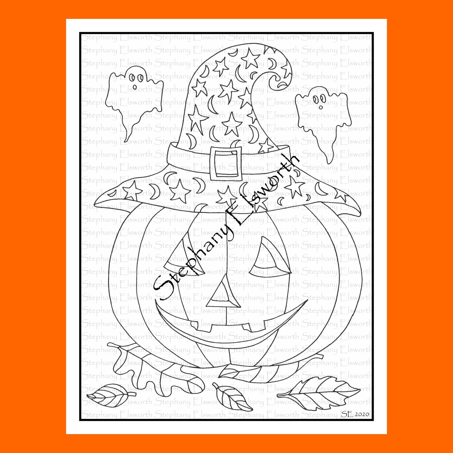 Pumpkin in Witch Hat 8 1/2 x 11 Printable Instant Download Coloring Page