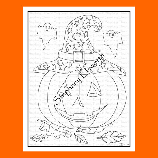 Pumpkin in Witch Hat 8 1/2 x 11 Printable Instant Download Coloring Page