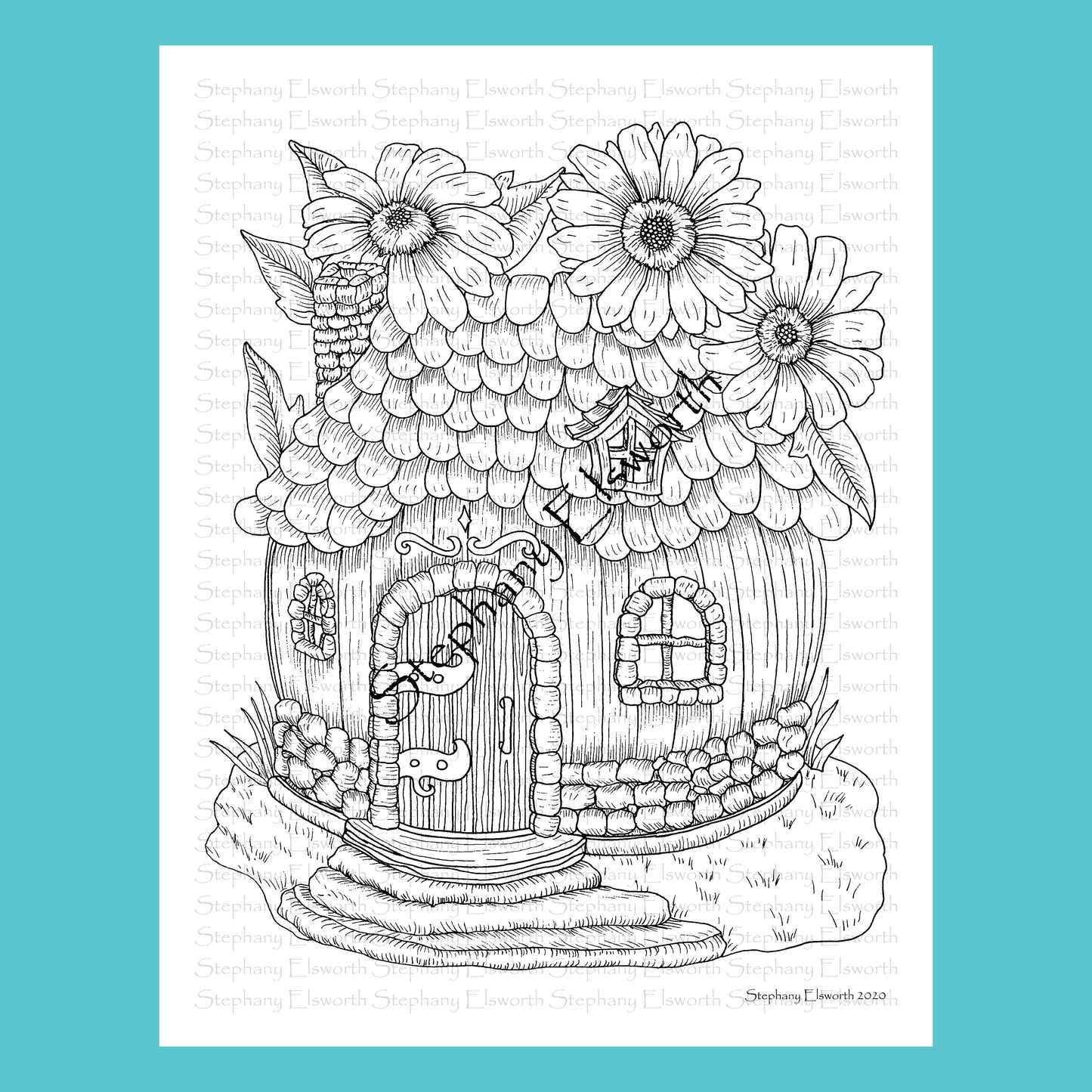 Fairy Round House with Flowers 8 1/2 x 11 Printable Instant Download Coloring Page (Faerie Houses III)