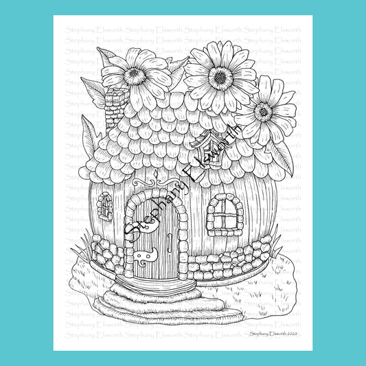 Fairy Round House with Flowers 8 1/2 x 11 Printable Instant Download Coloring Page (Faerie Houses III)