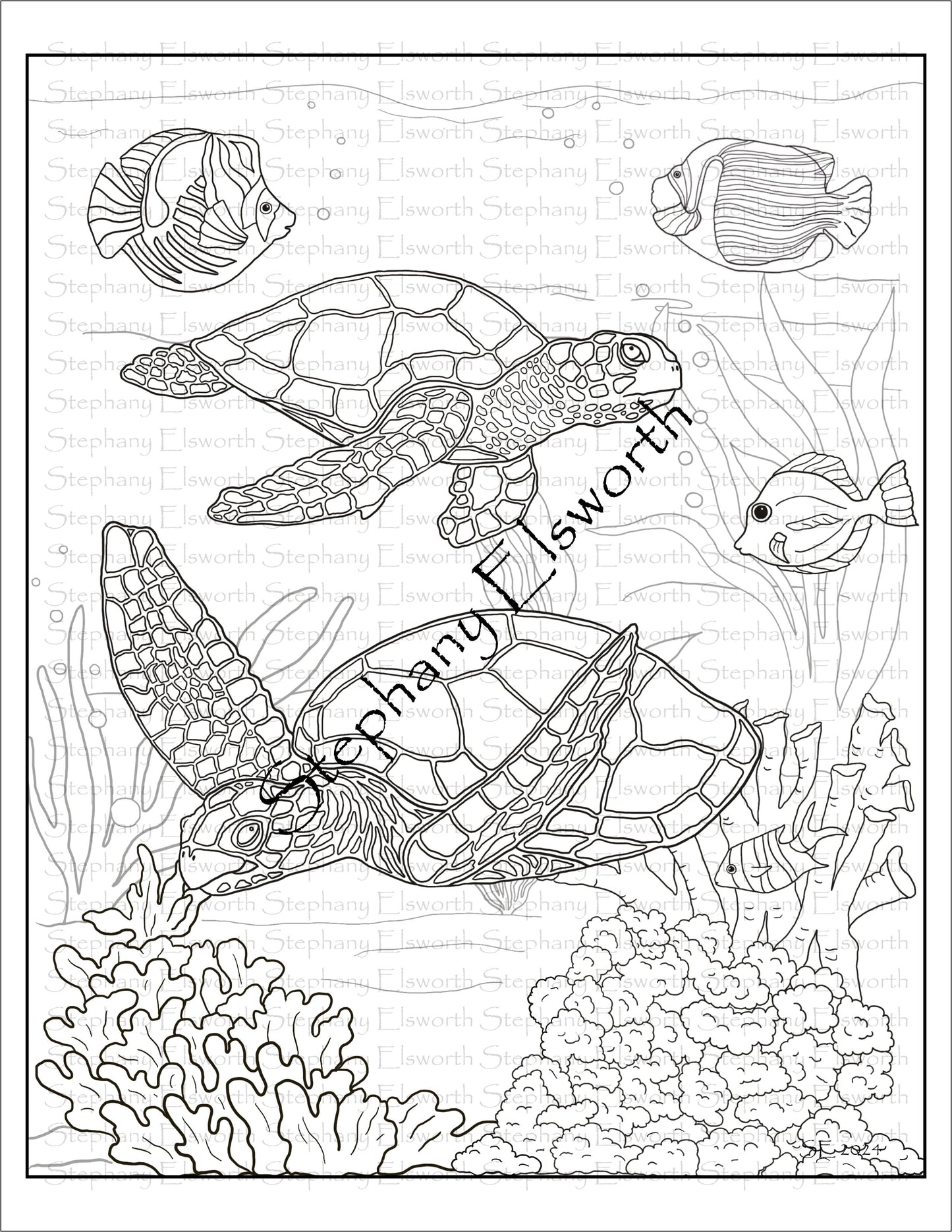 Sea Turtles 8 1/2 x 11 PDF and JPG Instant Download Printable Coloring Page