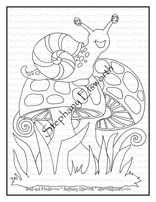 Snail and Mushroom Free PDF Digital Download Coloring Page