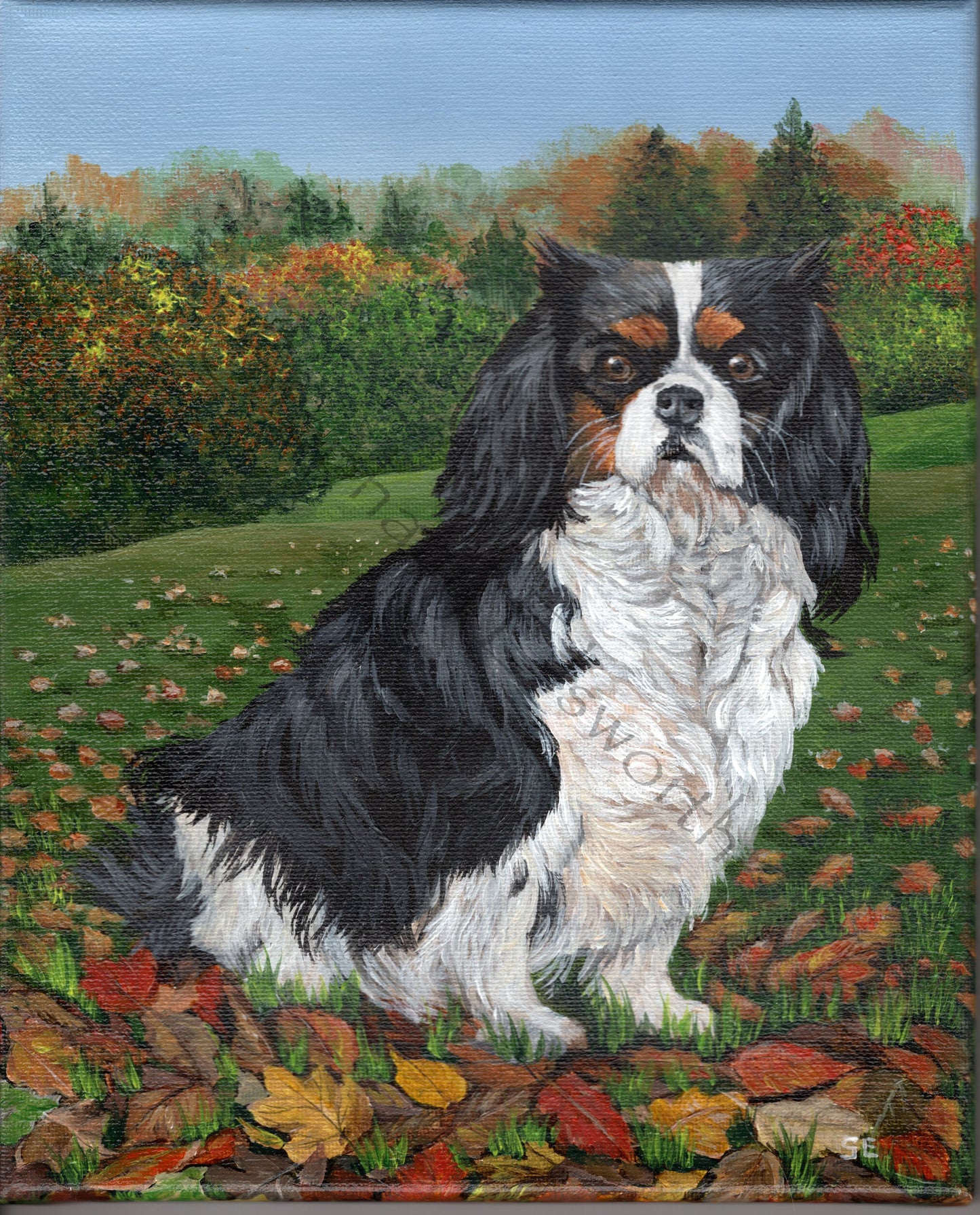 Spaniel in Autumn Leaves 8 x 10 inch Original Acrylic Painting