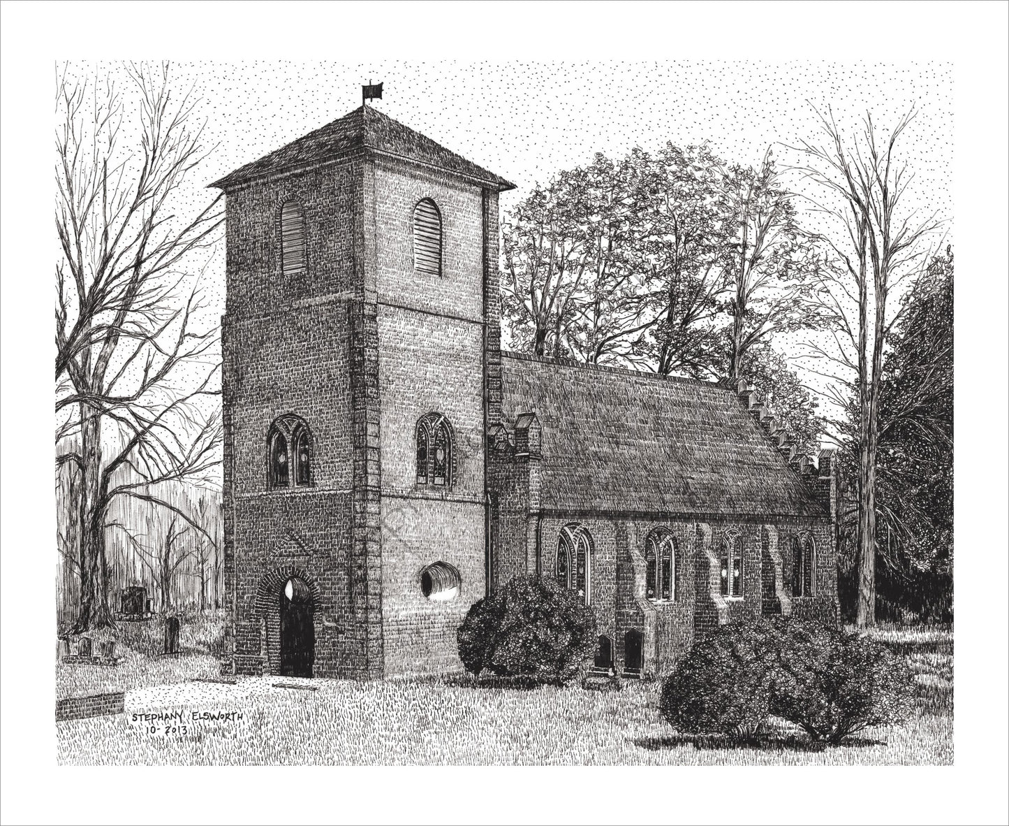 St. Luke's Historic Church, Smithfield, VA 8 x 10 Pen and Ink Print in Optional 11 x 14 mat