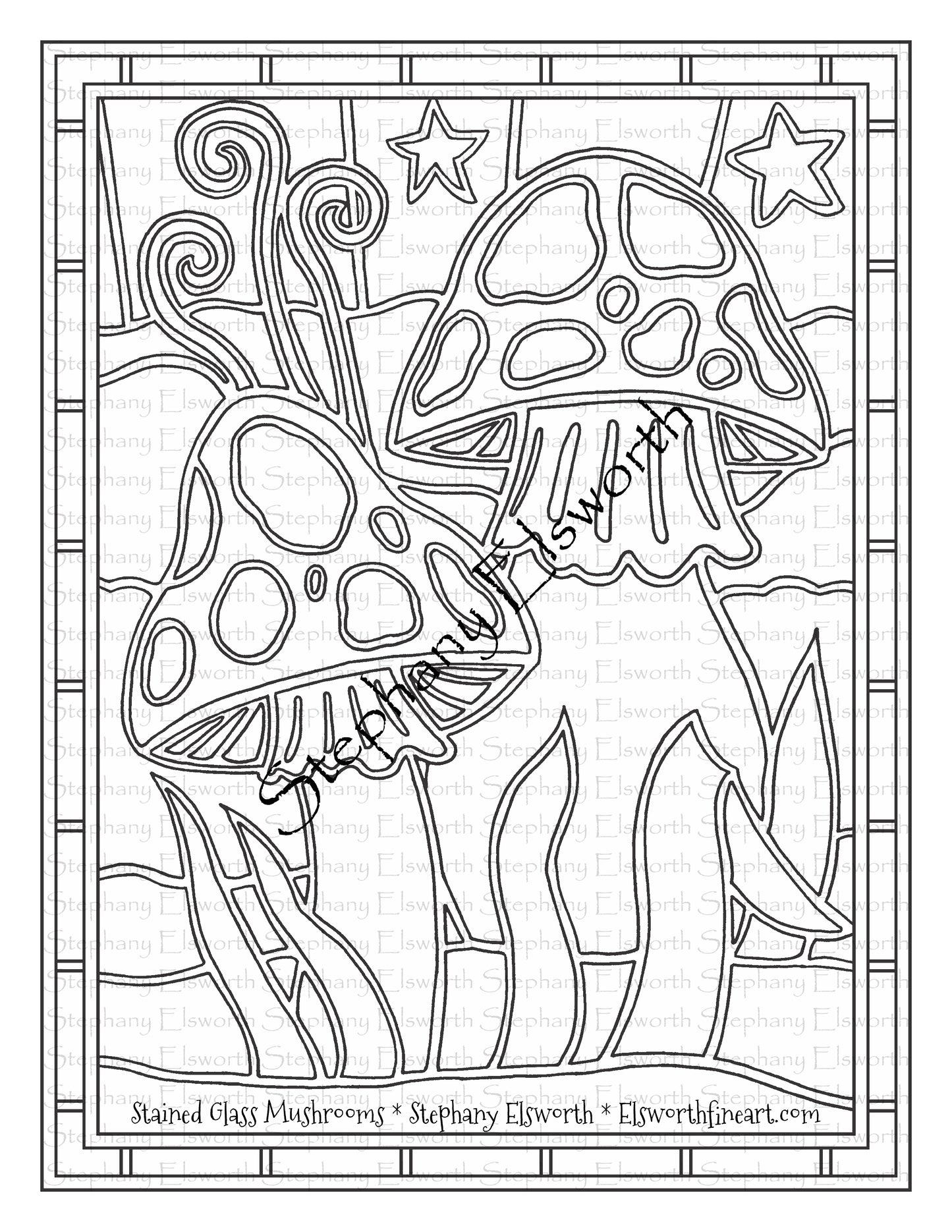 Stained Glass Mushrooms Free PDF Digital Download Coloring Page