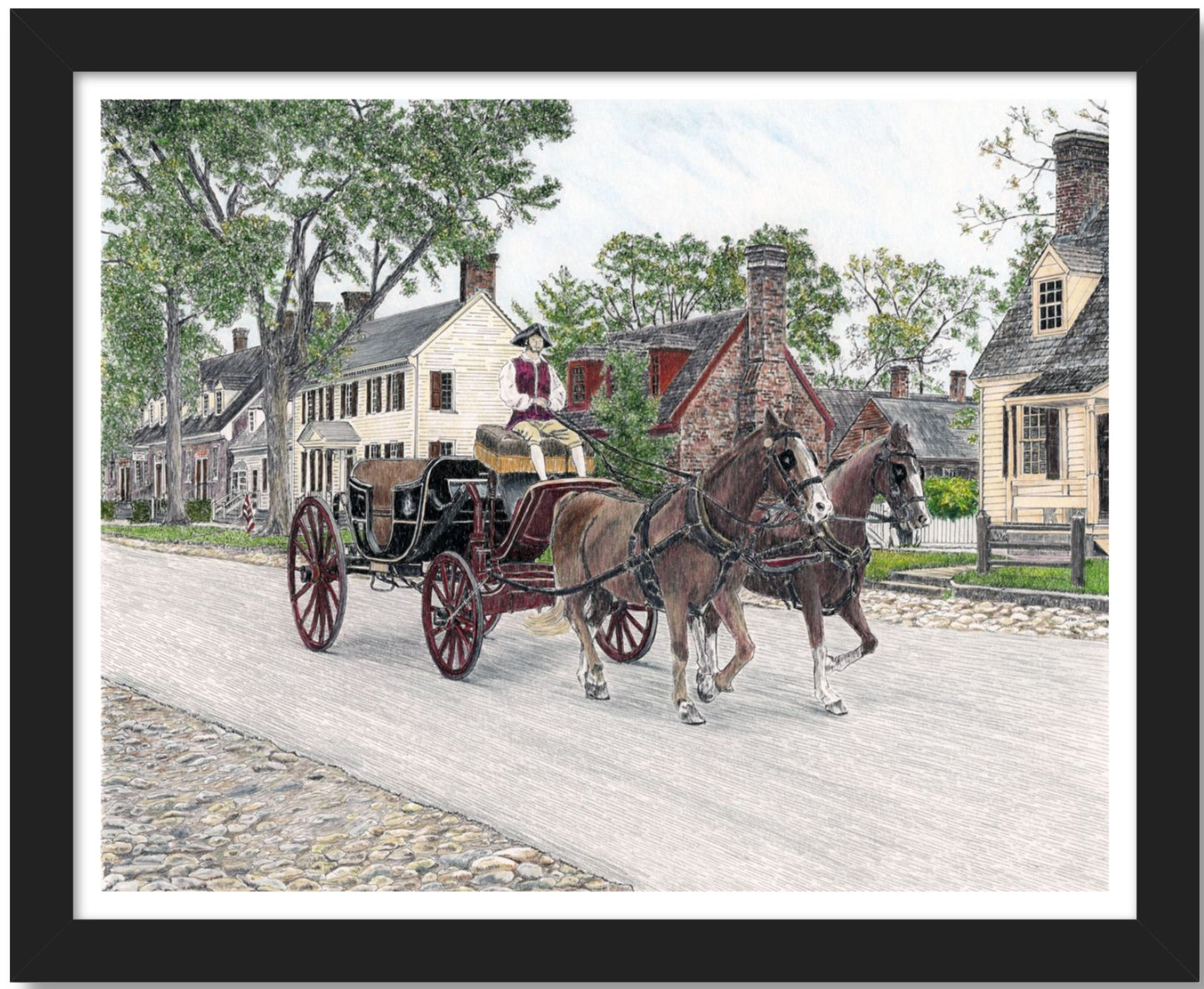 Colonial Williamsburg's Carriage Ride, Williamsburg, Virginia 11 x 14 Pen and Ink/Colored Pencil Archival Matte Giclee Fine Art Print with Optional Mat and/or Frame